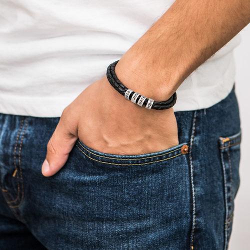 Men Braided Leather Bracelet with Small Custom Beads